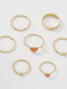 7入組水鑽和愛心裝飾戒指 - 金黃色 - 查看 4