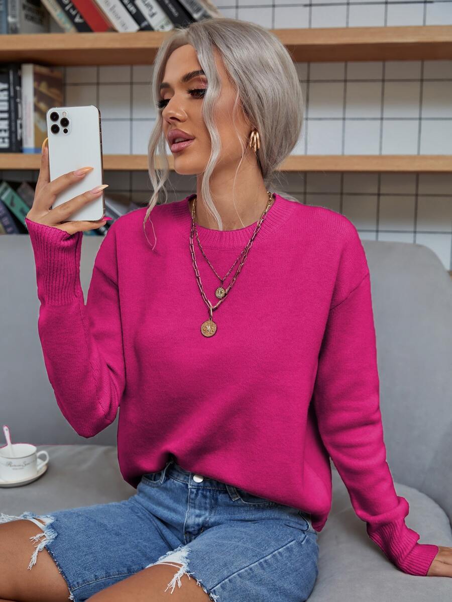 SHEIN LUNE Solid Drop Shoulder Jumper - Hot Pink - View 1