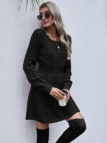 Cable Knit A-line Jumper Dress - Black - View 1