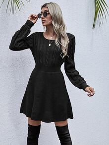 Cable Knit A-line Jumper Dress - Black - View 3