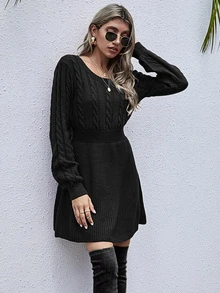 Cable Knit A-line Jumper Dress - Black - View 5
