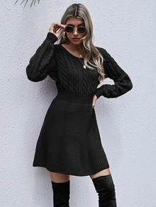 Cable Knit A-line Jumper Dress - Black - View 6