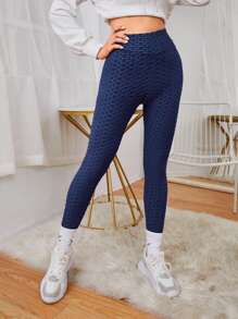 Mulvari Solid Textured High Waist Leggings - Navy Blue - View 4