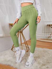 SHEIN SXY Solid Textured High Waist Leggings - Lime Green - View 2