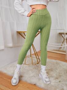 SHEIN SXY Solid Textured High Waist Leggings - Lime Green - View 5