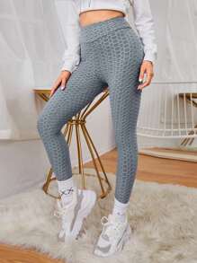 SHEIN SXY Solid Textured High Waist Leggings - Grey - View 2