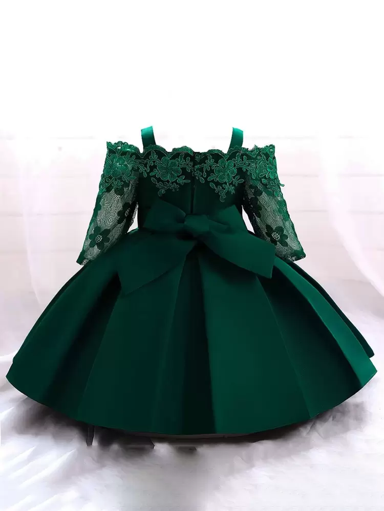 Baby Girls' Solid Color Lace Satin Waist Bow Princess Dress, & Elegant For Formal Occasions, Excluding Headband