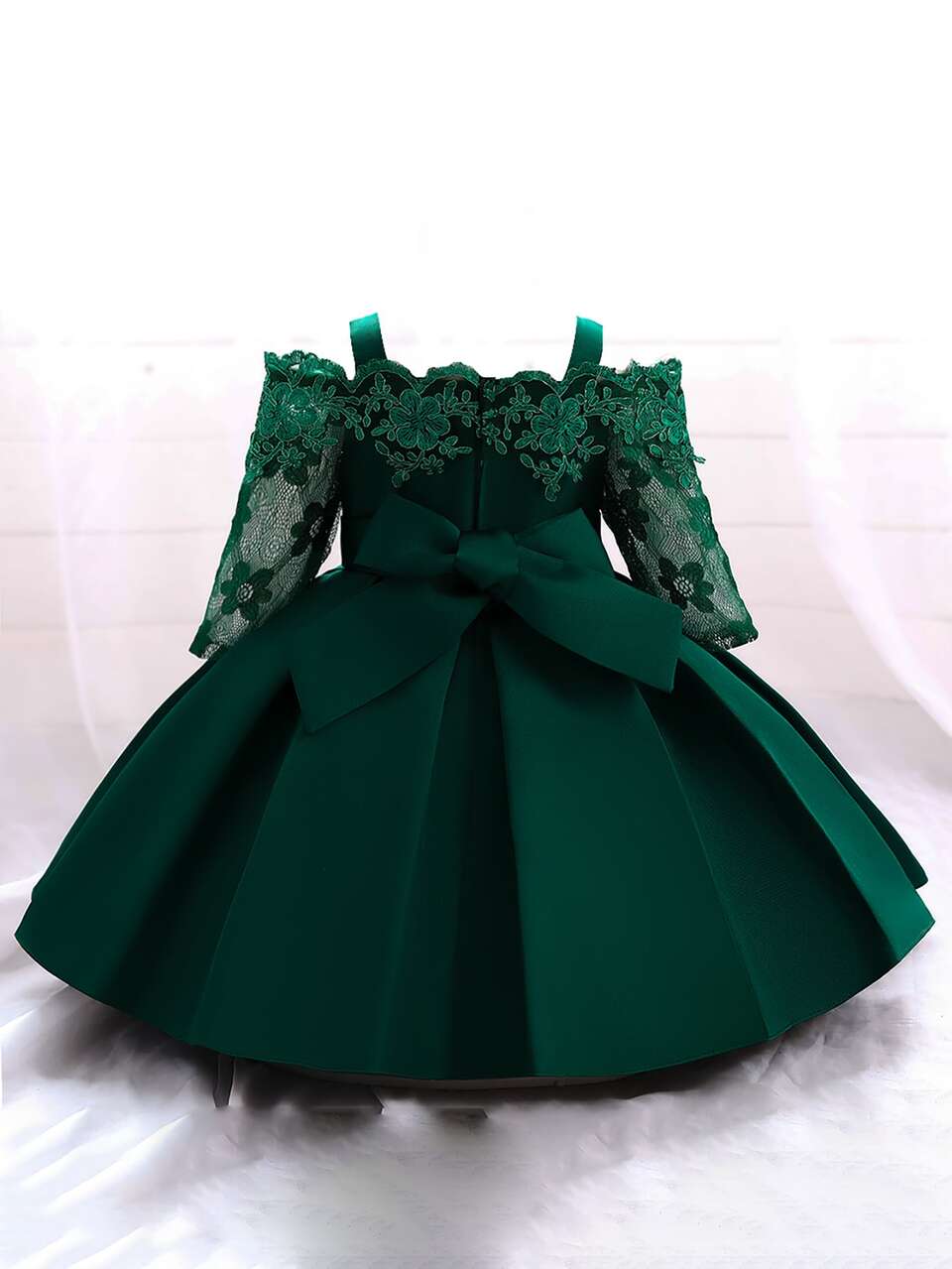 Baby Girls Lace Satin Solid Color Waist Bow Princess Dress Wedding Gown Suitable For Attending Parties, Headband Not Included