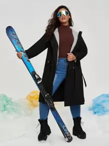 SHEIN Plus Contrast Teddy Hooded 2 In 1 Belted Coat - Black - View 1