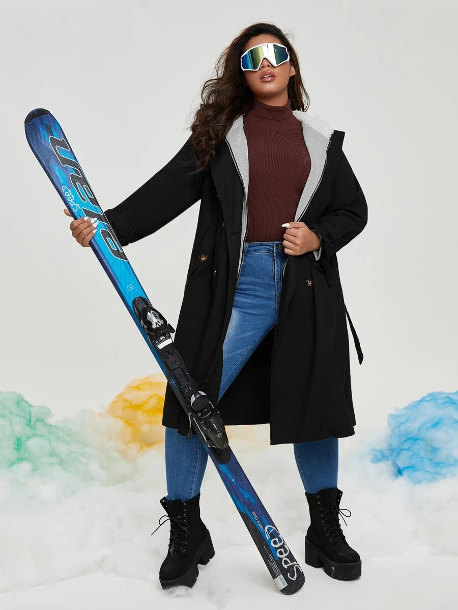SHEIN Plus Contrast Teddy Hooded 2 In 1 Belted Coat - Black - View 1