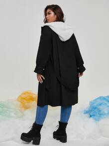 SHEIN Plus Contrast Teddy Hooded 2 In 1 Belted Coat - Black - View 2