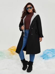 SHEIN Plus Contrast Teddy Hooded 2 In 1 Belted Coat - Black - View 3