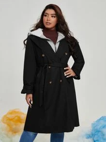 SHEIN Plus Contrast Teddy Hooded 2 In 1 Belted Coat - Black - View 4