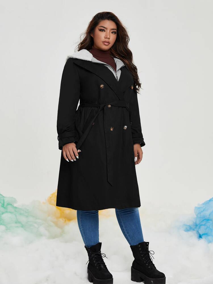 SHEIN Plus Contrast Teddy Hooded 2 In 1 Belted Coat - Black - View 5