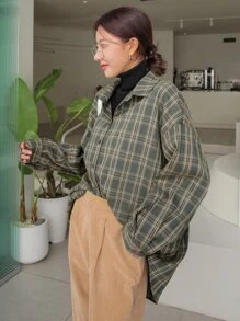 DAZY Camisa de hombros caídos con estampado de cuadros, ropa de otoño