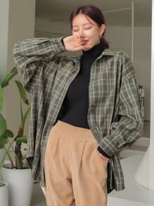 DAZY Camisa de hombros caídos con estampado de cuadros, ropa de otoño