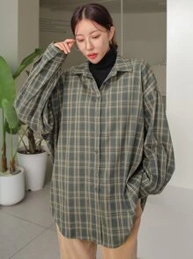 DAZY Camisa de hombros caídos con estampado de cuadros, ropa de otoño