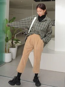 DAZY Camisa de hombros caídos con estampado de cuadros, ropa de otoño