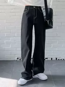 DAZY High Waist Topstitching Wide Leg Jeans - Black - View 6