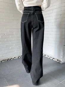 DAZY High Waist Topstitching Wide Leg Jeans - Black - View 2