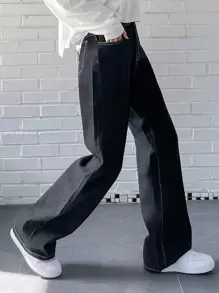 DAZY High Waist Topstitching Wide Leg Jeans - Black - View 3