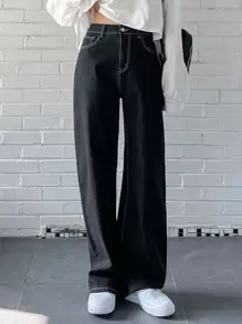 DAZY High Waist Topstitching Wide Leg Jeans - Black - View 4