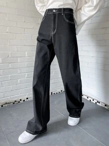 DAZY High Waist Topstitching Wide Leg Jeans - Black - View 5