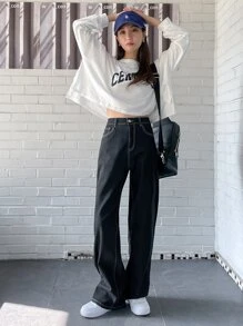 DAZY High Waist Topstitching Wide Leg Jeans - Black - View 1