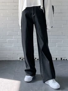 DAZY High Waist Topstitching Wide Leg Jeans - Black - View 7