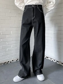 DAZY High Waist Topstitching Wide Leg Jeans - Black - View 8