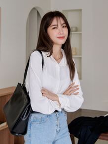 DAZY Camisa con botones y dobladillo curvo sin camiseta interior, ropa de otoño de manga larga - Beis - Ver 1