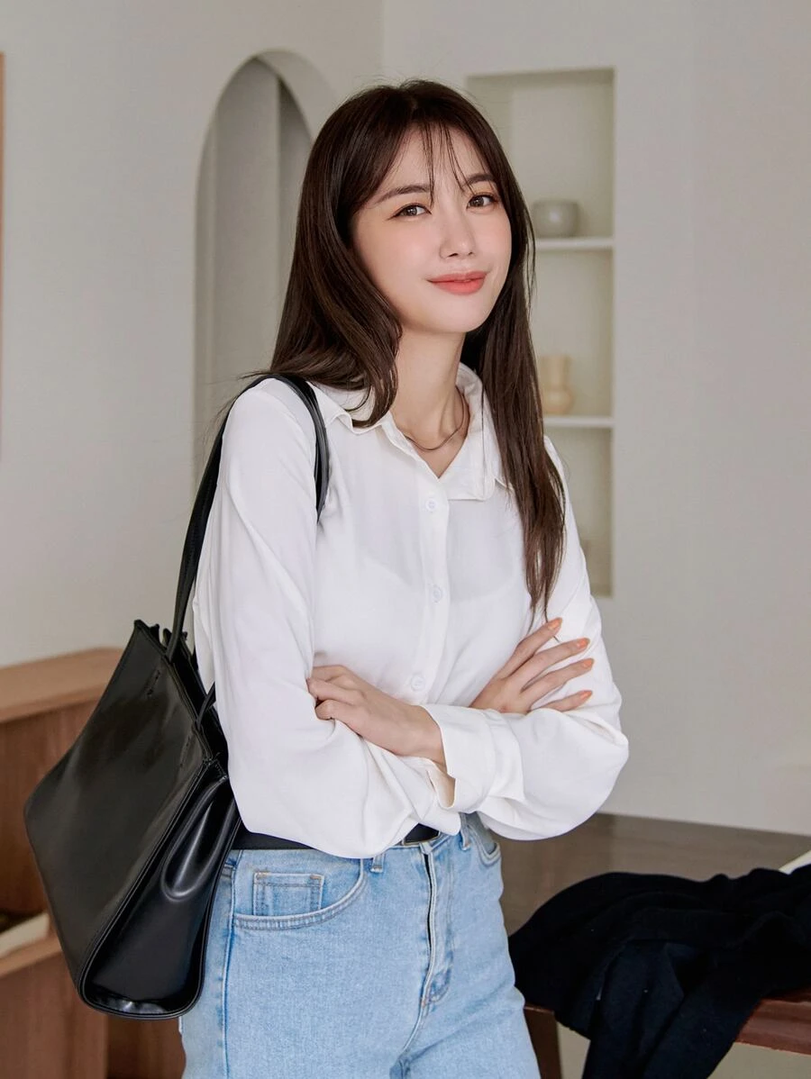 DAZY Camisa con botones y dobladillo curvo sin camiseta interior, ropa de otoño de manga larga - Beis - Ver 1