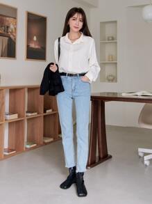 DAZY Camisa con botones y dobladillo curvo sin camiseta interior, ropa de otoño de manga larga - Beis - Ver 3