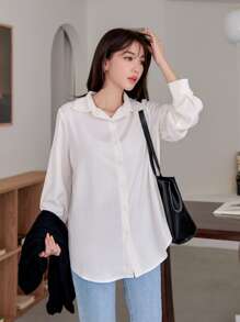 DAZY Camisa con botones y dobladillo curvo sin camiseta interior, ropa de otoño de manga larga - Beis - Ver 4