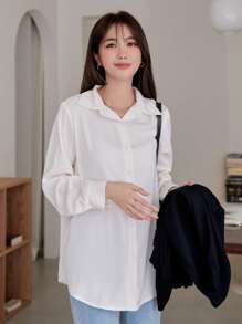 DAZY Camisa con botones y dobladillo curvo sin camiseta interior, ropa de otoño de manga larga - Beis - Ver 6