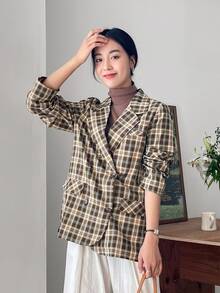 DAZY Tartan Print Double Breasted Blazer - Multicolor - View 9