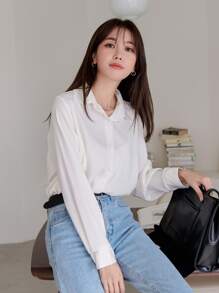 DAZY Camisa con botones y dobladillo curvo sin camiseta interior, ropa de otoño de manga larga - Beis - Ver 7