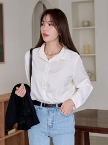 DAZY Camisa con botones y dobladillo curvo sin camiseta interior, ropa de otoño de manga larga - Beis - Ver 8