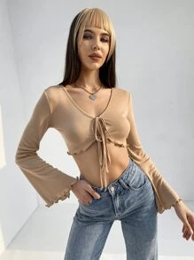 SHEIN ICON 鐘形袖木耳邊前打結上衣 - 杏色 - 查看 1