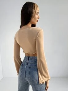 SHEIN ICON 鐘形袖木耳邊前打結上衣 - 杏色 - 查看 2