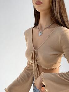 SHEIN ICON 鐘形袖木耳邊前打結上衣 - 杏色 - 查看 3