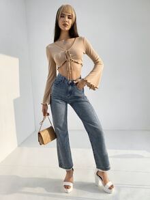 SHEIN ICON 鐘形袖木耳邊前打結上衣 - 杏色 - 查看 4