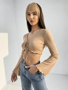 SHEIN ICON 鐘形袖木耳邊前打結上衣 - 杏色 - 查看 5