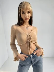 SHEIN ICON 鐘形袖木耳邊前打結上衣 - 杏色 - 查看 6