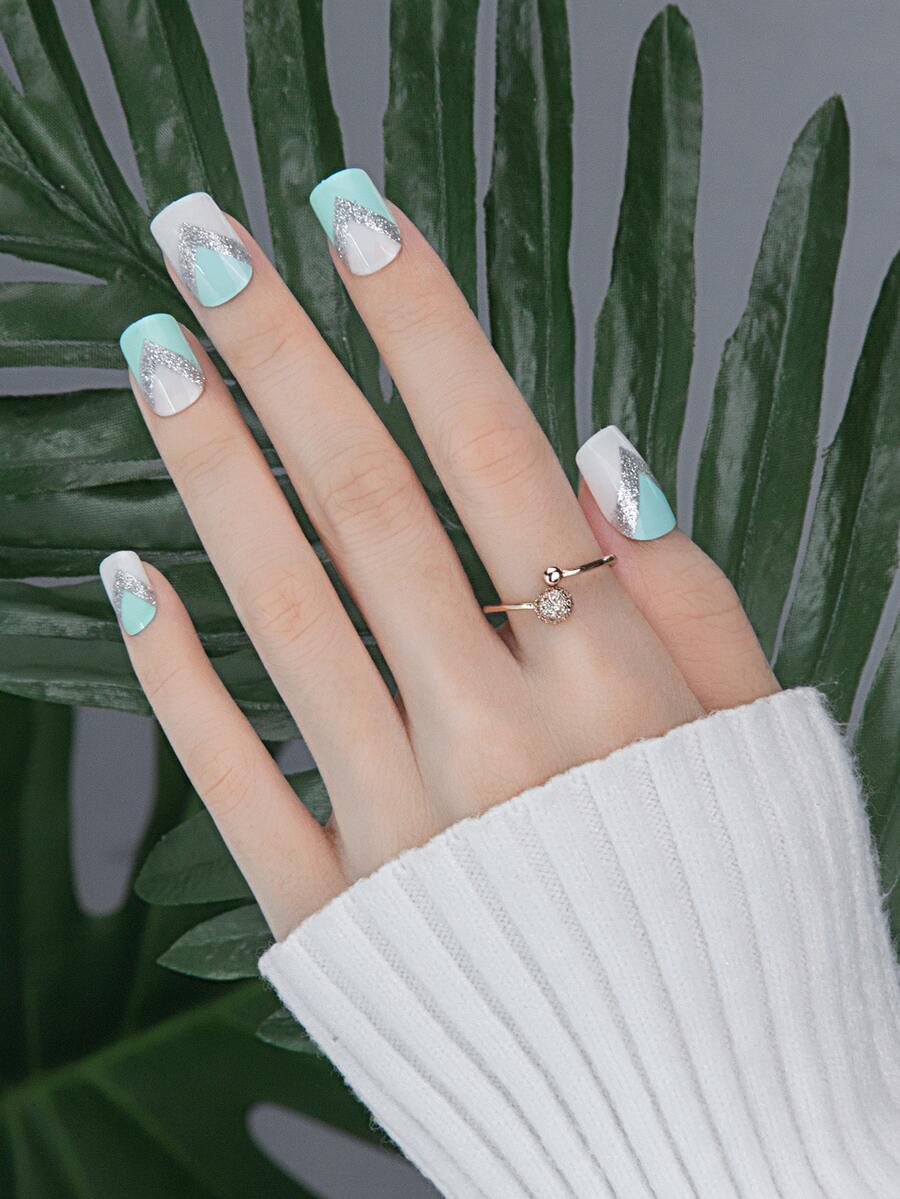 24 miếng móng tay giả ngăn màu và 1 miếng dũa móng tay và 1 miếng băng dính - Nhiều màu - Xem 1