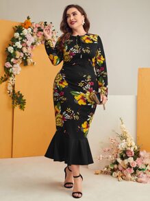 Modelyn 大碼繫帶領魚尾連衣裙 - 彩色 - 查看 1