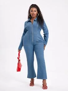 SHEIN SXY Plus Zipper Placket Flare Leg Denim Jumpsuit - Medium Wash - View 1