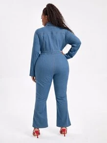 SHEIN SXY Plus Zipper Placket Flare Leg Denim Jumpsuit - Medium Wash - View 2