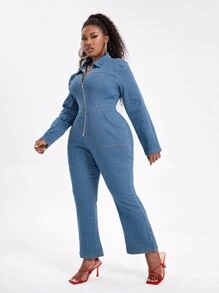 SHEIN SXY Plus Zipper Placket Flare Leg Denim Jumpsuit - Medium Wash - View 5