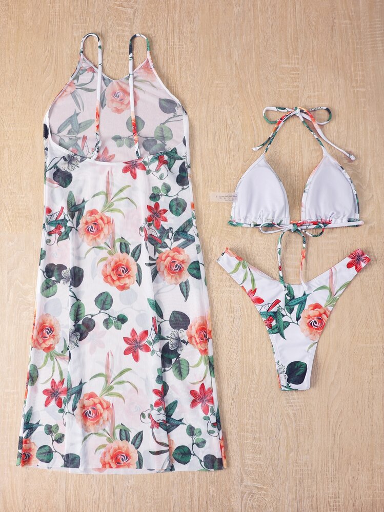 Floral Print Bikini Set Halter Triangle Bra & High Cut Bottom & Cover Up Dress 3 Piece Bathing Suit - Multicolor - View 2